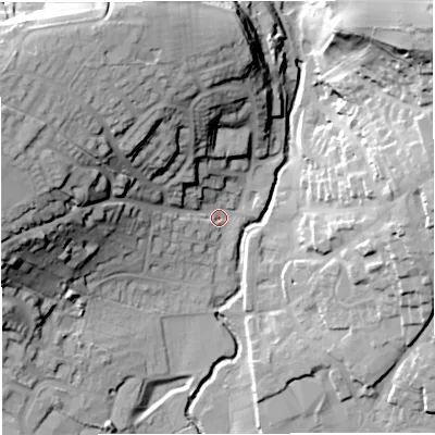 Shaded relief map of the ground around BA99BN, computed from Environment Agency LiDAR. The ground here sits at about 75 m above sea level and falls 49 m across the surrounding 800 m. Surface water reaching this point runs off ground lying to the north-west, 39.1 m higher.
