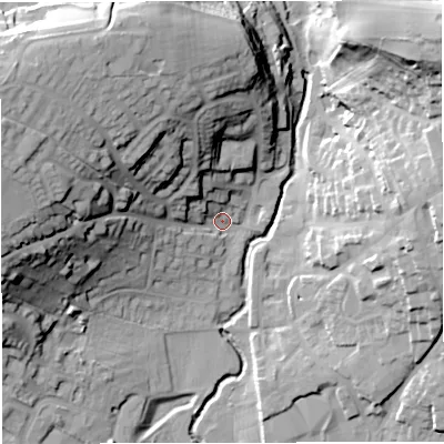 Shaded relief map of the ground around BA99BQ, computed from Environment Agency LiDAR. The ground here sits at about 75 m above sea level and falls 49 m across the surrounding 800 m. Surface water reaching this point runs off ground lying to the west-north-west, 39.0 m higher.