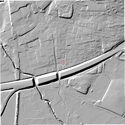 Shaded relief map of the ground around BA99DP, computed from Environment Agency LiDAR. The ground here sits at about 71 m above sea level and falls 24 m across the surrounding 800 m. Surface water reaching this point runs off ground lying to the north-north-west, 3.7 m higher.