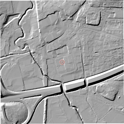 Shaded relief map of the ground around BA99DT, computed from Environment Agency LiDAR. The ground here sits at about 72 m above sea level and falls 26 m across the surrounding 800 m. Surface water reaching this point runs off ground lying to the north-east, 1.8 m higher.