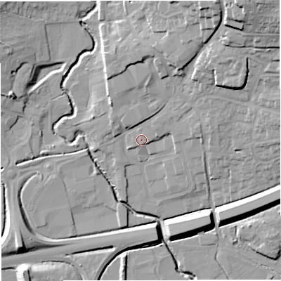 Shaded relief map of the ground around BA99EB, computed from Environment Agency LiDAR. The ground here sits at about 74 m above sea level and falls 30 m across the surrounding 800 m. The ground contributing surface water to this point lies to the north-north-west.