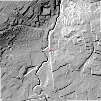 Shaded relief map of the ground around BA99ED, computed from Environment Agency LiDAR. The ground here sits at about 75 m above sea level and falls 42 m across the surrounding 800 m. Surface water reaching this point runs off ground lying to the east-north-east, 29.3 m higher.