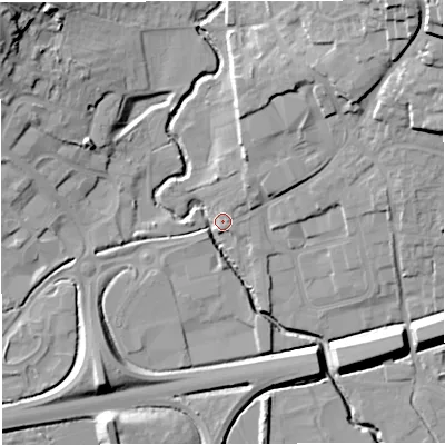 Shaded relief map of the ground around BA99EF, computed from Environment Agency LiDAR. The ground here sits at about 73 m above sea level and falls 26 m across the surrounding 800 m. Surface water reaching this point runs off ground lying to the north-west, 22.0 m higher.