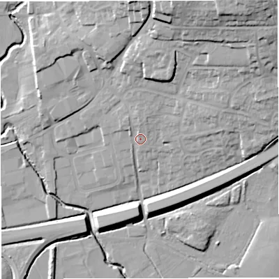 Shaded relief map of the ground around BA99EJ, computed from Environment Agency LiDAR. The ground here sits at about 74 m above sea level and falls 32 m across the surrounding 800 m. Surface water reaching this point runs off ground lying to the north, 2.6 m higher.