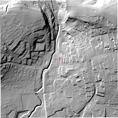 Shaded relief map of the ground around BA99JA, computed from Environment Agency LiDAR. The ground here sits at about 78 m above sea level and falls 59 m across the surrounding 800 m. Surface water reaching this point runs off ground lying to the east, 23.7 m higher.
