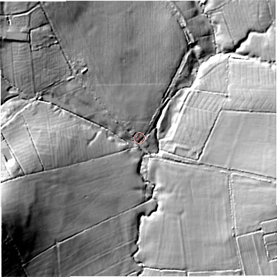 Shaded relief map of the ground around BA99PP, computed from Environment Agency LiDAR. The ground here sits at about 75 m above sea level and falls 24 m across the surrounding 800 m. Surface water reaching this point runs off ground lying to the west-south-west, 17.0 m higher.