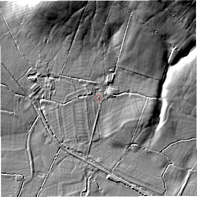 Shaded relief map of the ground around BA99RA, computed from Environment Agency LiDAR. The ground here sits at about 68 m above sea level and falls 28 m across the surrounding 800 m. Surface water reaching this point runs off ground lying to the north-north-east, 19.8 m higher.
