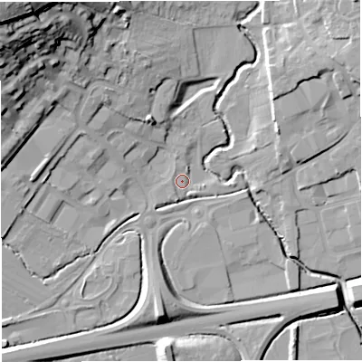 Shaded relief map of the ground around BA99RP, computed from Environment Agency LiDAR. The ground here sits at about 73 m above sea level and falls 43 m across the surrounding 800 m. Surface water reaching this point runs off ground lying to the south-west, 1.9 m higher.