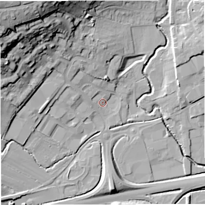 Shaded relief map of the ground around BA99RR, computed from Environment Agency LiDAR. The ground here sits at about 74 m above sea level and falls 47 m across the surrounding 800 m. Surface water reaching this point runs off ground lying to the north-west, 38.2 m higher.