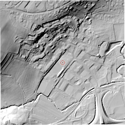 Shaded relief map of the ground around BA99RS, computed from Environment Agency LiDAR. The ground here sits at about 79 m above sea level and falls 52 m across the surrounding 800 m. The ground contributing surface water to this point lies to the north-west.