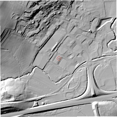 Shaded relief map of the ground around BA99RT, computed from Environment Agency LiDAR. The ground here sits at about 76 m above sea level and falls 47 m across the surrounding 800 m. Surface water reaching this point runs off ground lying to the north-west, 41.4 m higher.
