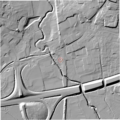 Shaded relief map of the ground around BA99TD, computed from Environment Agency LiDAR. The ground here sits at about 72 m above sea level and falls 24 m across the surrounding 800 m. Surface water reaching this point runs off ground lying to the north-north-west, 1.4 m higher.
