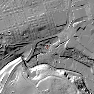 Shaded relief map of the ground around BB102AH, computed from Environment Agency LiDAR. The ground here sits at about 130 m above sea level and falls 35 m across the surrounding 800 m. Surface water reaching this point runs off ground lying to the east-north-east, 14.5 m higher.