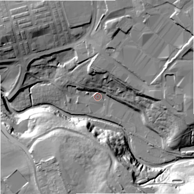 Shaded relief map of the ground around BB102AJ, computed from Environment Agency LiDAR. The ground here sits at about 128 m above sea level and falls 39 m across the surrounding 800 m. Surface water reaching this point runs off ground lying to the north, 16.6 m higher.