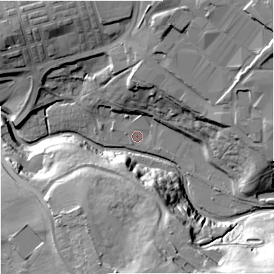Shaded relief map of the ground around BB102AN, computed from Environment Agency LiDAR. The ground here sits at about 127 m above sea level and falls 49 m across the surrounding 800 m. Surface water reaching this point runs off ground lying to the east-north-east, 28.1 m higher.