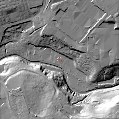 Shaded relief map of the ground around BB102EJ, computed from Environment Agency LiDAR. The ground here sits at about 128 m above sea level and falls 50 m across the surrounding 800 m. Surface water reaching this point runs off ground lying to the north-east, 28.9 m higher.
