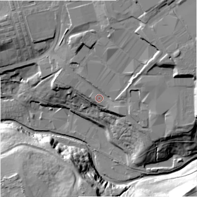 Shaded relief map of the ground around BB102RZ, computed from Environment Agency LiDAR. The ground here sits at about 143 m above sea level and falls 38 m across the surrounding 800 m. Surface water reaching this point runs off ground lying to the east-north-east, 14.1 m higher.