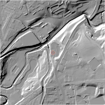 Shaded relief map of the ground around BB103EF, computed from Environment Agency LiDAR. The ground here sits at about 130 m above sea level and falls 39 m across the surrounding 800 m. Surface water reaching this point runs off ground lying to the east-north-east, 10.0 m higher.