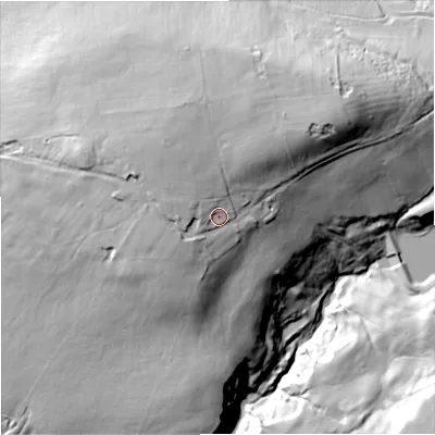 Shaded relief map of the ground around BB103PW, computed from Environment Agency LiDAR. The ground here sits at about 232 m above sea level and falls 66 m across the surrounding 800 m. Surface water reaching this point runs off ground lying to the north-east, 13.2 m higher.