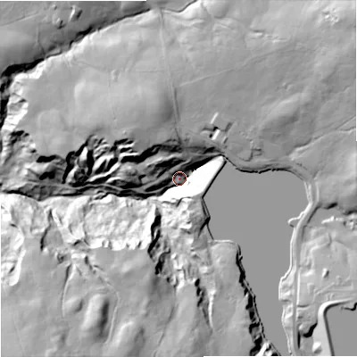 Shaded relief map of the ground around BB103RD, computed from Environment Agency LiDAR. The ground here sits at about 270 m above sea level and falls 67 m across the surrounding 800 m. Surface water reaching this point runs off ground lying to the north-east, 46.6 m higher.