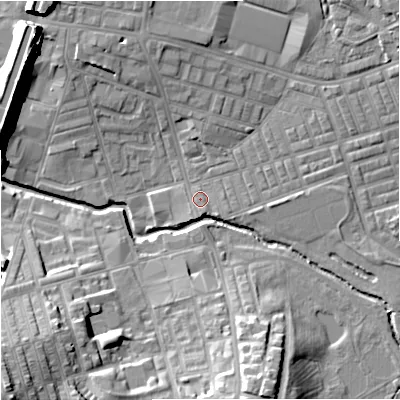 Shaded relief map of the ground around BB104AA, computed from Environment Agency LiDAR. The ground here sits at about 117 m above sea level and falls 26 m across the surrounding 800 m. Surface water reaching this point runs off ground lying to the south-east, 1.5 m higher.