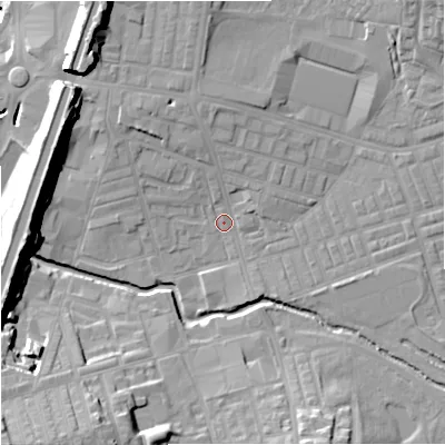 Shaded relief map of the ground around BB104AB, computed from Environment Agency LiDAR. The ground here sits at about 116 m above sea level and falls 26 m across the surrounding 800 m. Surface water reaching this point runs off ground lying to the south-west, 22.9 m higher.