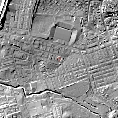 Shaded relief map of the ground around BB104AN, computed from Environment Agency LiDAR. The ground here sits at about 118 m above sea level and falls 26 m across the surrounding 800 m. Surface water reaching this point runs off ground lying to the north-west, 2.5 m higher.
