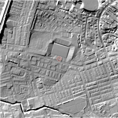 Shaded relief map of the ground around BB104BX, computed from Environment Agency LiDAR. The ground here sits at about 118 m above sea level and falls 37 m across the surrounding 800 m. Surface water reaching this point runs off ground lying to the west-north-west, 2.7 m higher.