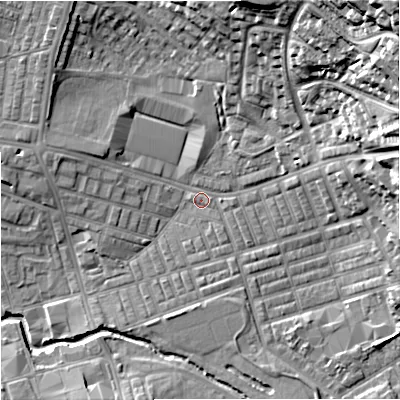 Shaded relief map of the ground around BB104DA, computed from Environment Agency LiDAR. The ground here sits at about 118 m above sea level and falls 42 m across the surrounding 800 m. Surface water reaching this point runs off ground lying to the north-east, 29.7 m higher.
