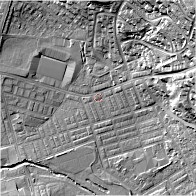 Shaded relief map of the ground around BB104DB, computed from Environment Agency LiDAR. The ground here sits at about 118 m above sea level and falls 50 m across the surrounding 800 m. Surface water reaching this point runs off ground lying to the north-east, 47.3 m higher.