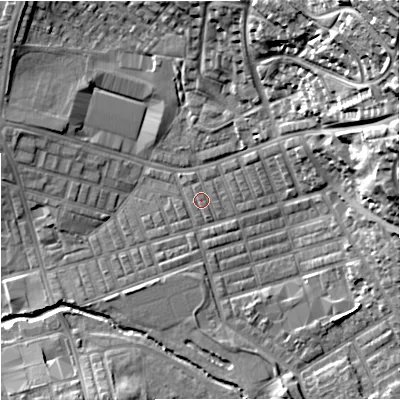 Shaded relief map of the ground around BB104DD, computed from Environment Agency LiDAR. The ground here sits at about 118 m above sea level and falls 46 m across the surrounding 800 m. The ground contributing surface water to this point lies to the north-north-west.