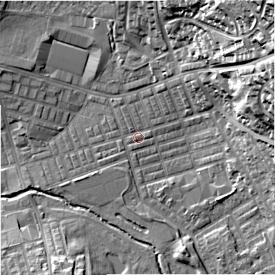 Shaded relief map of the ground around BB104DE, computed from Environment Agency LiDAR. The ground here sits at about 118 m above sea level and falls 44 m across the surrounding 800 m. Surface water reaching this point runs off ground lying to the north-west, 1.1 m higher.