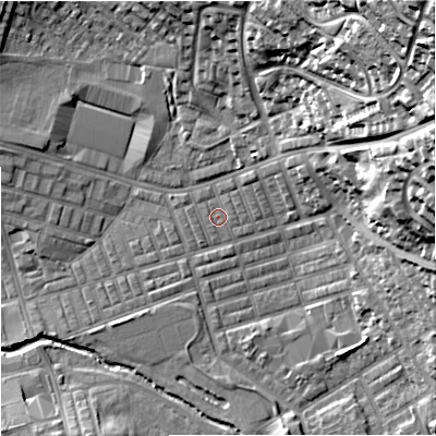 Shaded relief map of the ground around BB104DF, computed from Environment Agency LiDAR. The ground here sits at about 118 m above sea level and falls 51 m across the surrounding 800 m. Surface water reaching this point runs off ground lying to the east-north-east, 8.5 m higher.