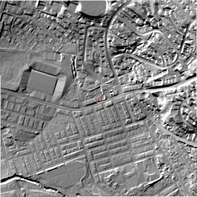 Shaded relief map of the ground around BB104DG, computed from Environment Agency LiDAR. The ground here sits at about 119 m above sea level and falls 56 m across the surrounding 800 m. Surface water reaching this point runs off ground lying to the north-east, 53.1 m higher.