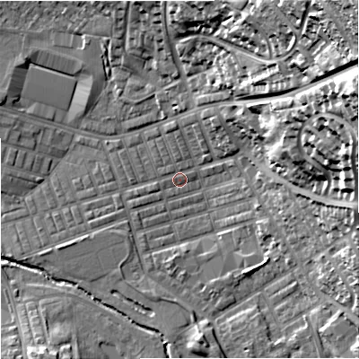 Shaded relief map of the ground around BB104DH, computed from Environment Agency LiDAR. The ground here sits at about 117 m above sea level and falls 54 m across the surrounding 800 m. Surface water reaching this point runs off ground lying to the east-north-east, 44.1 m higher.
