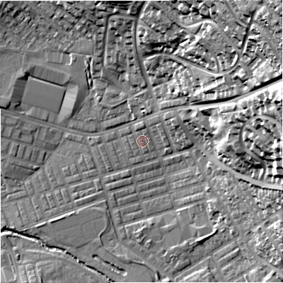 Shaded relief map of the ground around BB104DQ, computed from Environment Agency LiDAR. The ground here sits at about 118 m above sea level and falls 57 m across the surrounding 800 m. Surface water reaching this point runs off ground lying to the north, 2.2 m higher.