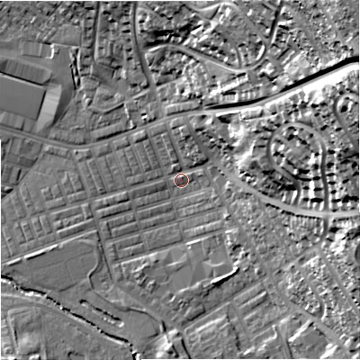 Shaded relief map of the ground around BB104DR, computed from Environment Agency LiDAR. The ground here sits at about 119 m above sea level and falls 58 m across the surrounding 800 m. Surface water reaching this point runs off ground lying to the east-north-east, 52.7 m higher.
