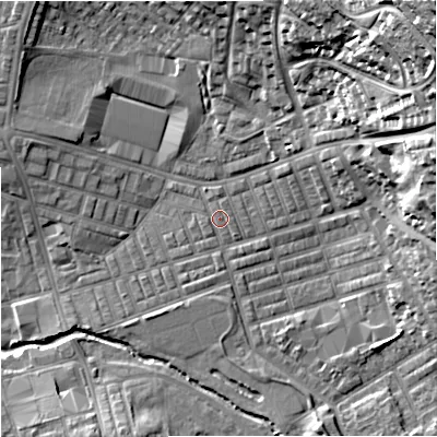 Shaded relief map of the ground around BB104DS, computed from Environment Agency LiDAR. The ground here sits at about 118 m above sea level and falls 45 m across the surrounding 800 m. Surface water reaching this point runs off ground lying to the west-south-west, 0.5 m higher.