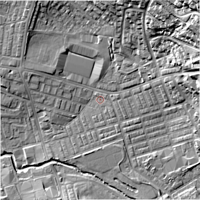 Shaded relief map of the ground around BB104DT, computed from Environment Agency LiDAR. The ground here sits at about 117 m above sea level and falls 40 m across the surrounding 800 m. Surface water reaching this point runs off ground lying to the east-north-east, 16.5 m higher.