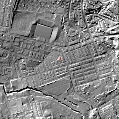 Shaded relief map of the ground around BB104DU, computed from Environment Agency LiDAR. The ground here sits at about 118 m above sea level and falls 37 m across the surrounding 800 m. Surface water reaching this point runs off ground lying to the east-north-east, 18.9 m higher.
