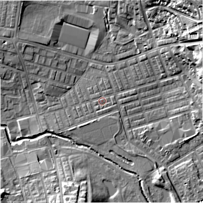 Shaded relief map of the ground around BB104DX, computed from Environment Agency LiDAR. The ground here sits at about 118 m above sea level and falls 33 m across the surrounding 800 m. Surface water reaching this point runs off ground lying to the east-north-east, 18.9 m higher.
