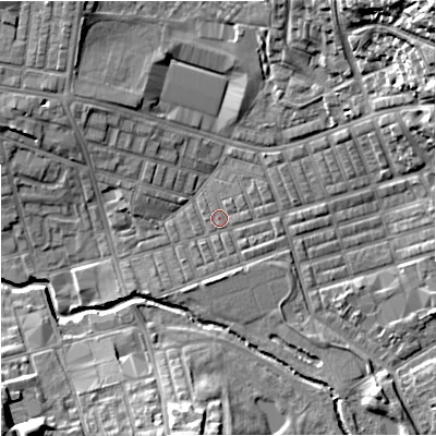 Shaded relief map of the ground around BB104DY, computed from Environment Agency LiDAR. The ground here sits at about 117 m above sea level and falls 29 m across the surrounding 800 m. Surface water reaching this point runs off ground lying to the east, 0.5 m higher.