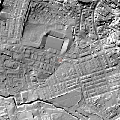Shaded relief map of the ground around BB104DZ, computed from Environment Agency LiDAR. The ground here sits at about 117 m above sea level and falls 38 m across the surrounding 800 m. Surface water reaching this point runs off ground lying to the north-east, 34.4 m higher.