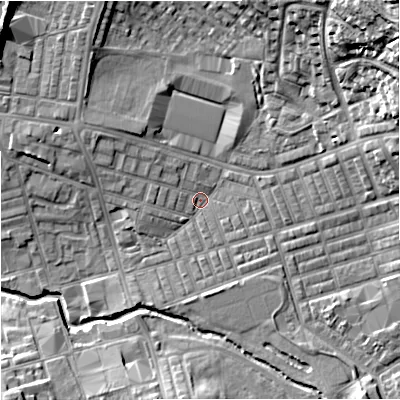 Shaded relief map of the ground around BB104EA, computed from Environment Agency LiDAR. The ground here sits at about 117 m above sea level and falls 30 m across the surrounding 800 m. Surface water reaching this point runs off ground lying to the north-east, 26.6 m higher.
