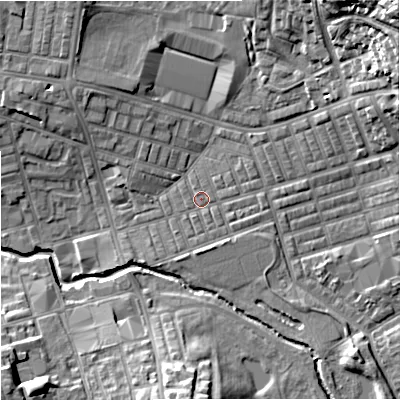 Shaded relief map of the ground around BB104EB, computed from Environment Agency LiDAR. The ground here sits at about 117 m above sea level and falls 26 m across the surrounding 800 m. Surface water reaching this point runs off ground lying to the east-south-east, 1.0 m higher.
