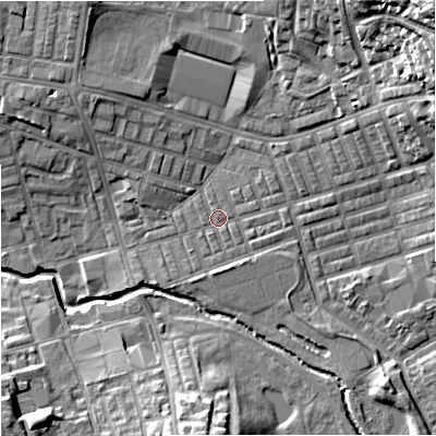 Shaded relief map of the ground around BB104ED, computed from Environment Agency LiDAR. The ground here sits at about 117 m above sea level and falls 26 m across the surrounding 800 m. Surface water reaching this point runs off ground lying to the east-south-east, 1.0 m higher.
