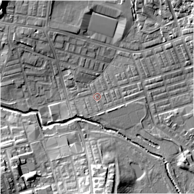 Shaded relief map of the ground around BB104EE, computed from Environment Agency LiDAR. The ground here sits at about 117 m above sea level and falls 17 m across the surrounding 800 m. Surface water reaching this point runs off ground lying to the east-south-east, 1.5 m higher.