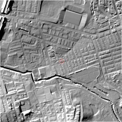 Shaded relief map of the ground around BB104EG, computed from Environment Agency LiDAR. The ground here sits at about 117 m above sea level and falls 20 m across the surrounding 800 m. Surface water reaching this point runs off ground lying to the north-east, 10.3 m higher.