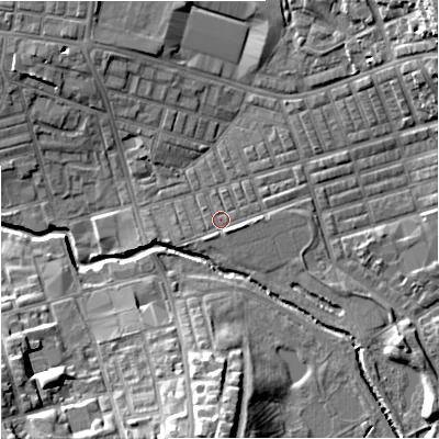 Shaded relief map of the ground around BB104EH, computed from Environment Agency LiDAR. The ground here sits at about 117 m above sea level and falls 18 m across the surrounding 800 m. Surface water reaching this point runs off ground lying to the east-south-east, 1.4 m higher.