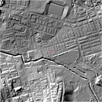 Shaded relief map of the ground around BB104EJ, computed from Environment Agency LiDAR. The ground here sits at about 117 m above sea level and falls 19 m across the surrounding 800 m. Surface water reaching this point runs off ground lying to the south-south-west, 0.9 m higher.